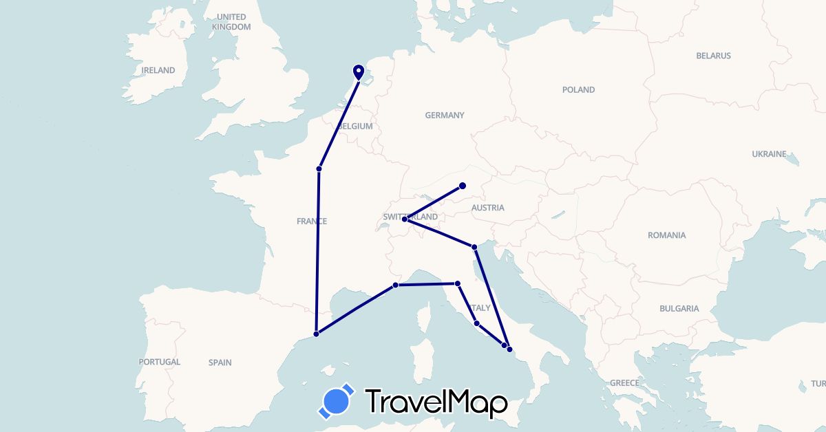 TravelMap itinerary: driving in Switzerland, Germany, Spain, France, Italy, Netherlands (Europe)
